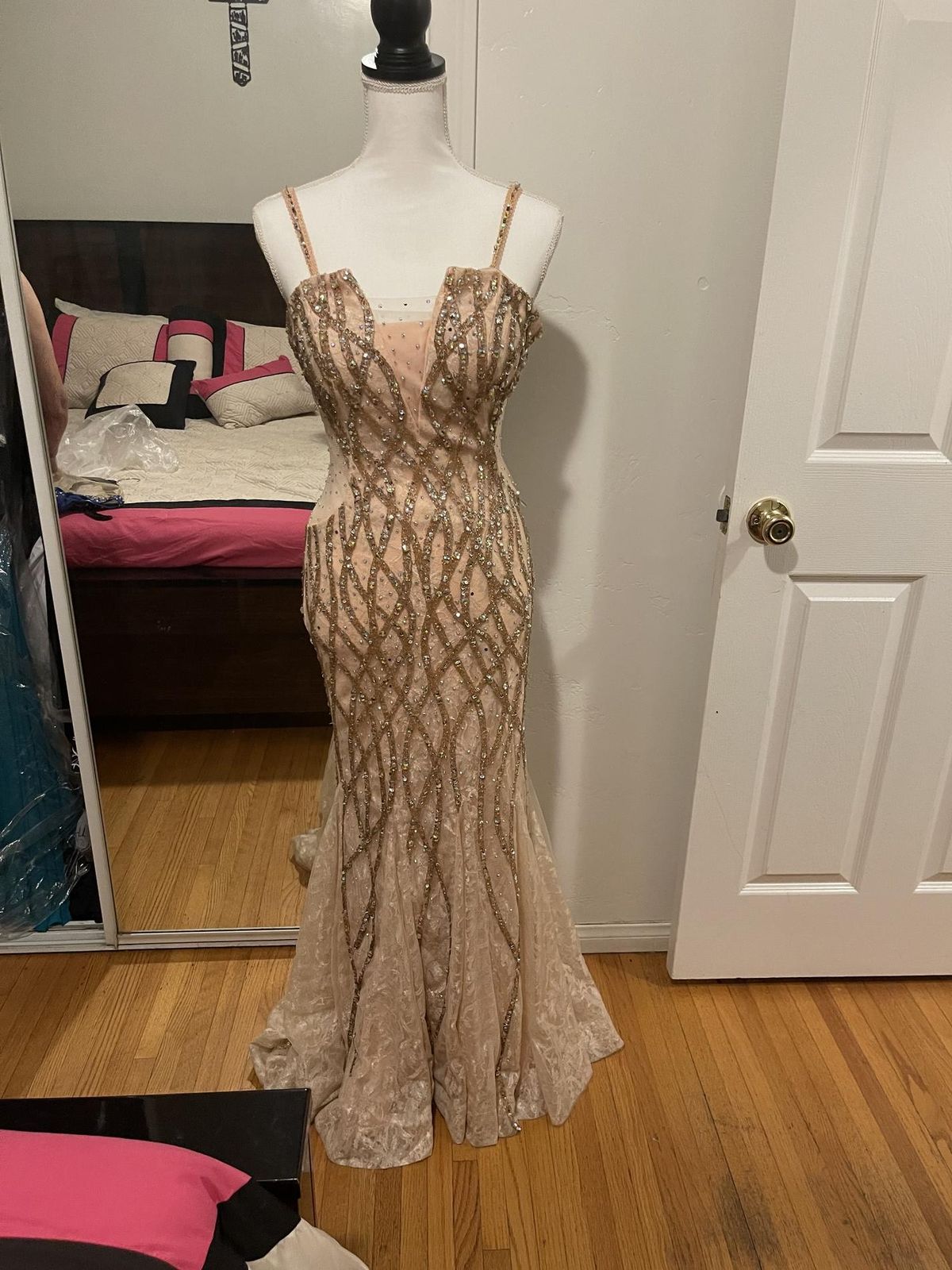 Size 2 Prom Plunge Sheer Nude Mermaid Dress on Queenly