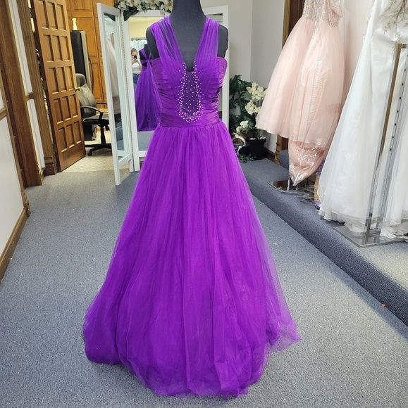 Style P21091 Precious Formals Size 8 Prom Sheer Purple Ball Gown on Queenly