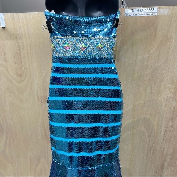 Style 6170 Rachel Allan Size 0 Prom Strapless Sequined Blue Mermaid Dress on Queenly
