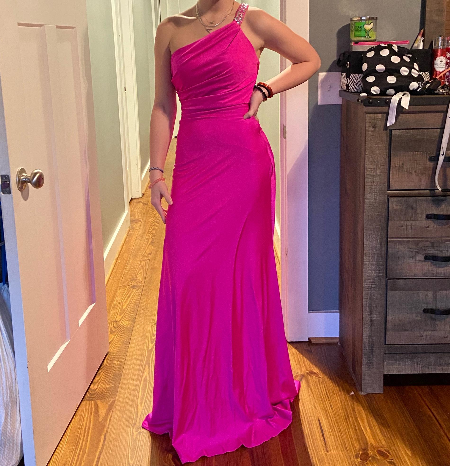 Size 0 Prom One Shoulder Sequined Hot Pink Mermaid Dress on Queenly
