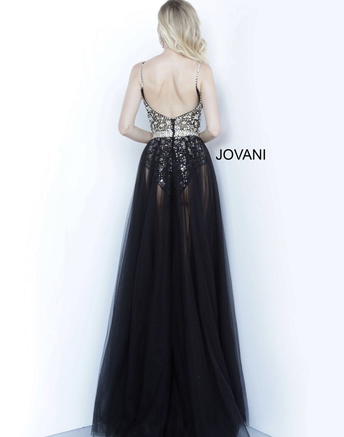 Jovani Size 2 Prom Plunge Sequined Black Dress With Train on Queenly