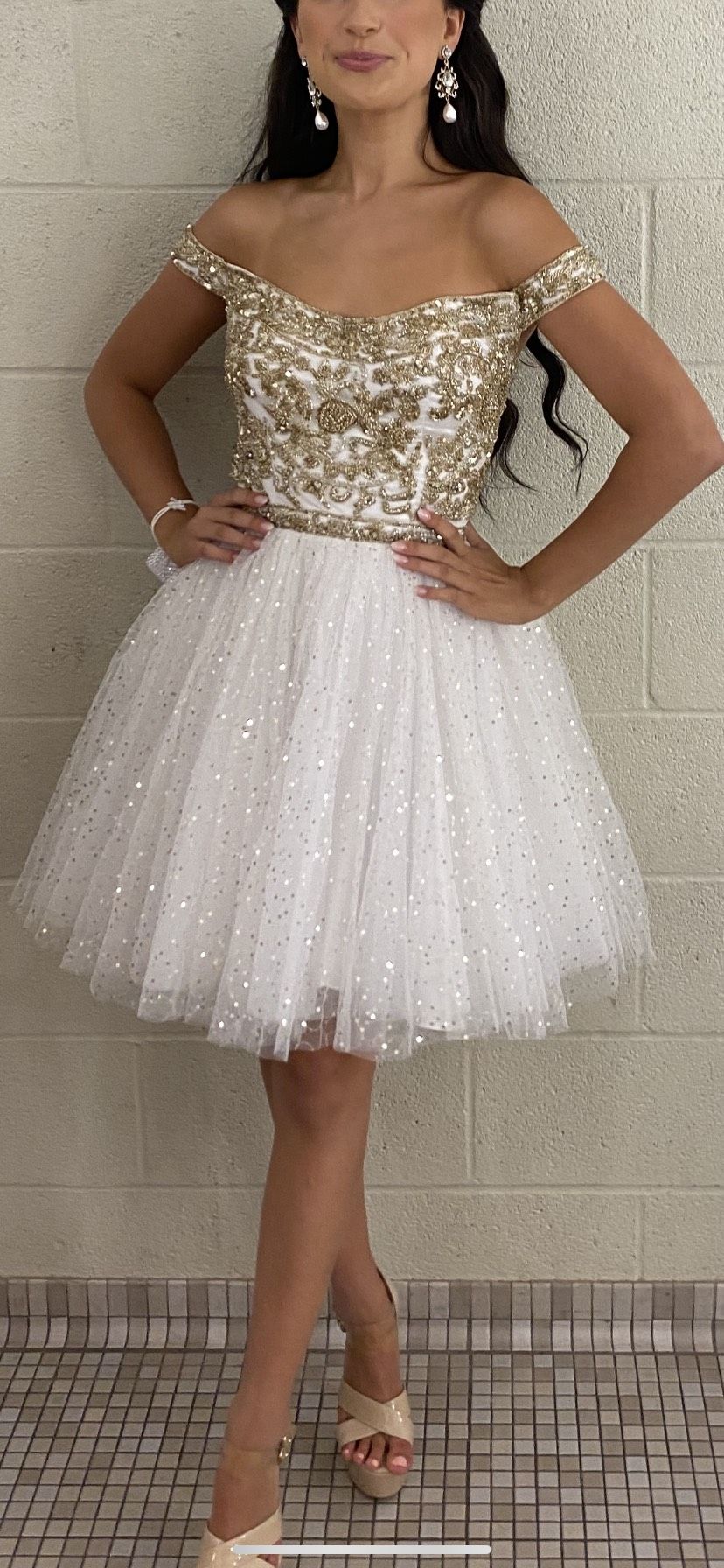 Sherri Hill Size 00 Wedding Off The Shoulder Sequined White Cocktail Dress on Queenly