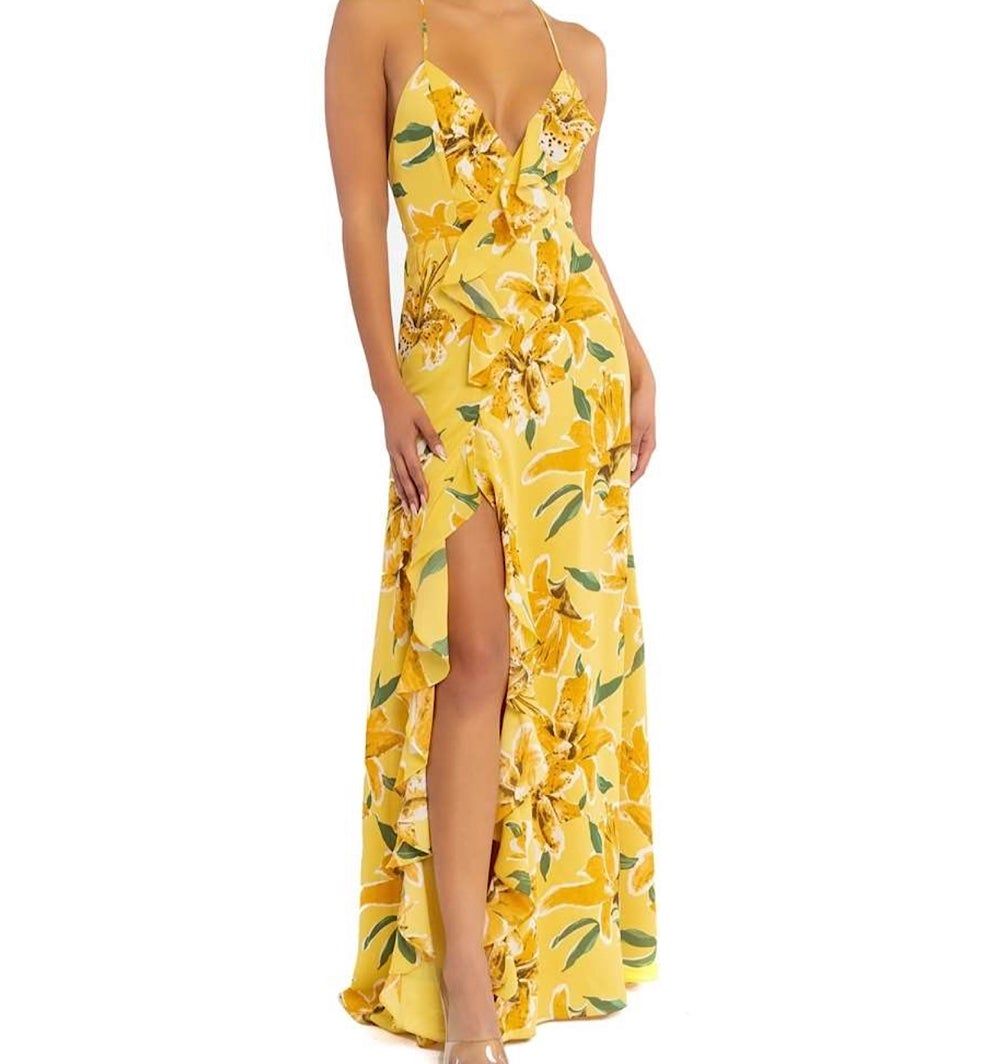 Style Janie McKenzie Rae Size 2 Prom Floral Yellow Side Slit Dress on Queenly