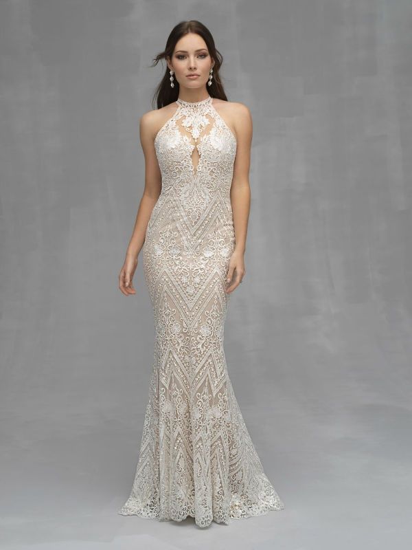 Style C525 Allure Size 12 Wedding High Neck Lace Nude Mermaid Dress on Queenly