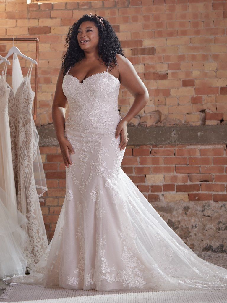 Style KATELL Maggie Sottero Plus Size 20 Wedding Off The Shoulder Lace Nude Mermaid Dress on Queenly