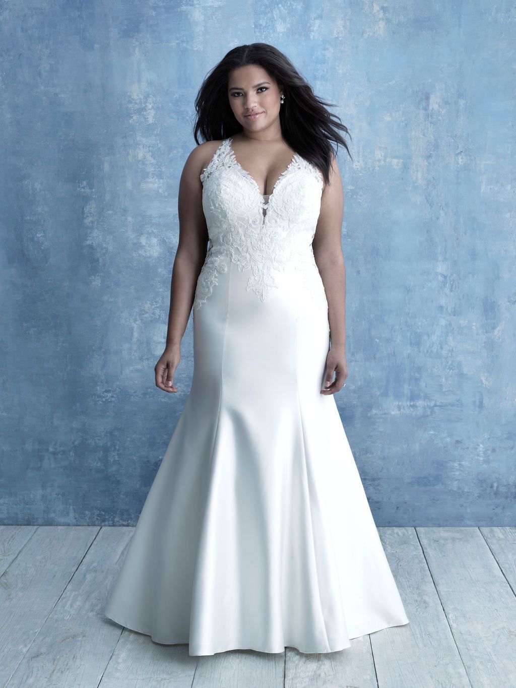 Style W463 Allure Plus Size 20 Wedding Plunge Lace White Mermaid Dress on Queenly