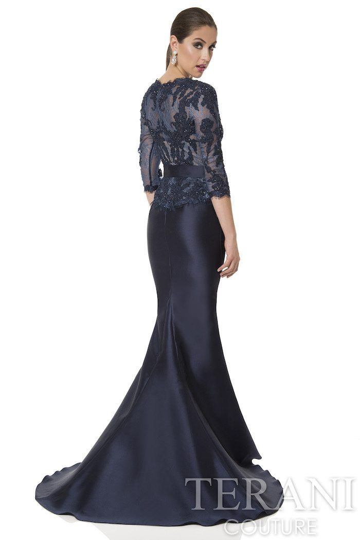 Style 1613M0718 Terani Size 12 Pageant Lace Navy Blue Side Slit Dress on Queenly