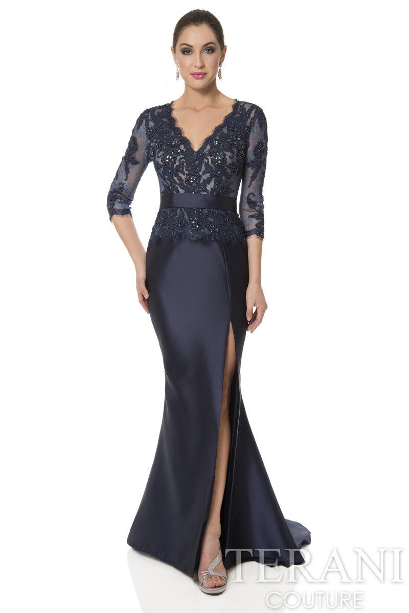 Style 1613M0718 Terani Size 12 Pageant Lace Navy Blue Side Slit Dress on Queenly