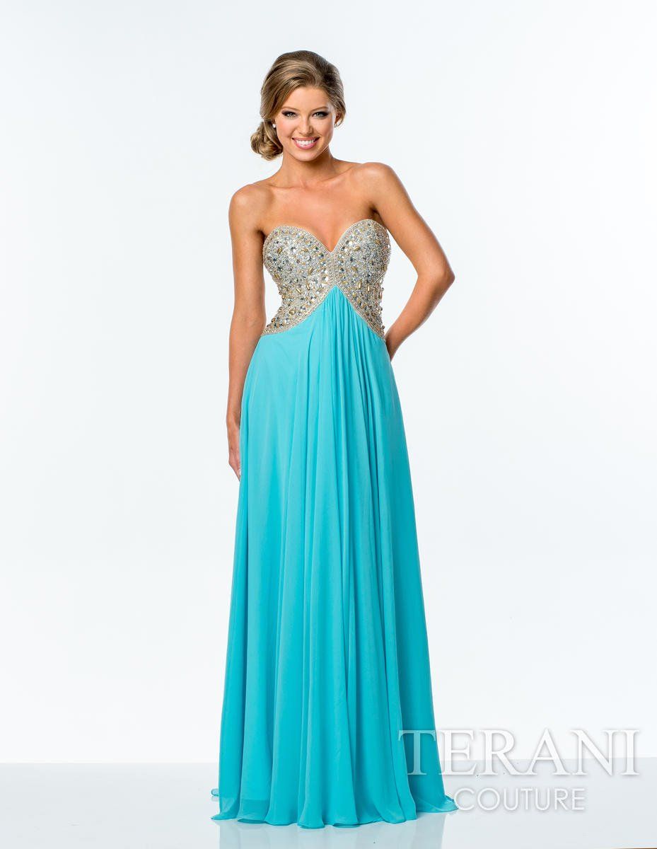 Style 151P0026 Terani Size 2 Prom Strapless Sequined Turquoise Blue Floor Length Maxi on Queenly