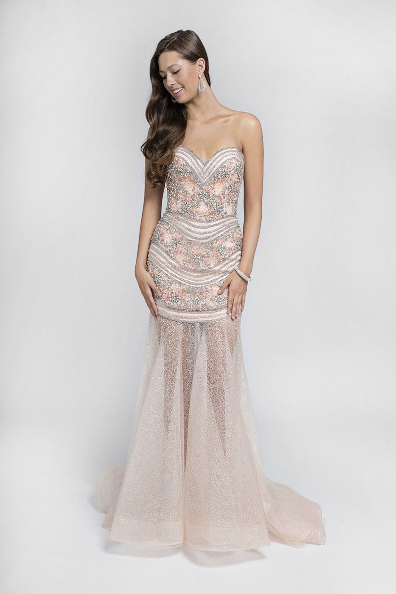 Style 1711P2392 Terani Size 4 Prom Nude Mermaid Dress on Queenly