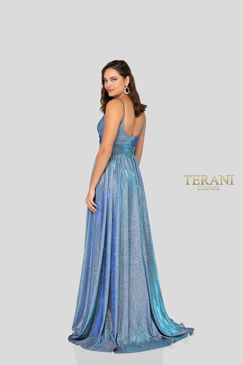 Style 1911P8192 Terani Size 10 Prom Plunge Sequined Light Blue A-line Dress on Queenly