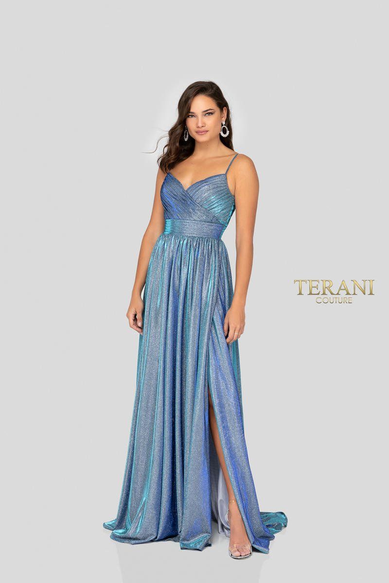 Style 1911P8192 Terani Size 10 Prom Plunge Sequined Light Blue A-line Dress on Queenly