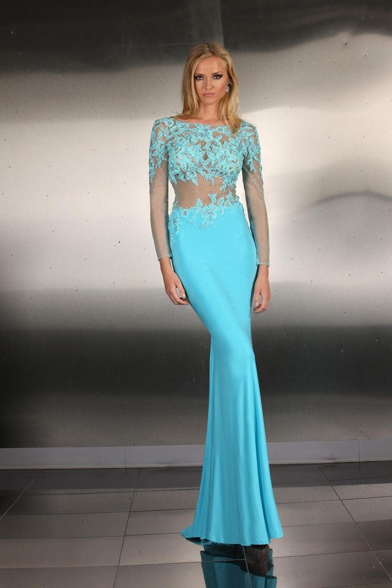 Style 30734 Impression Size 4 Prom Long Sleeve Lace Turquoise Blue Mermaid Dress on Queenly
