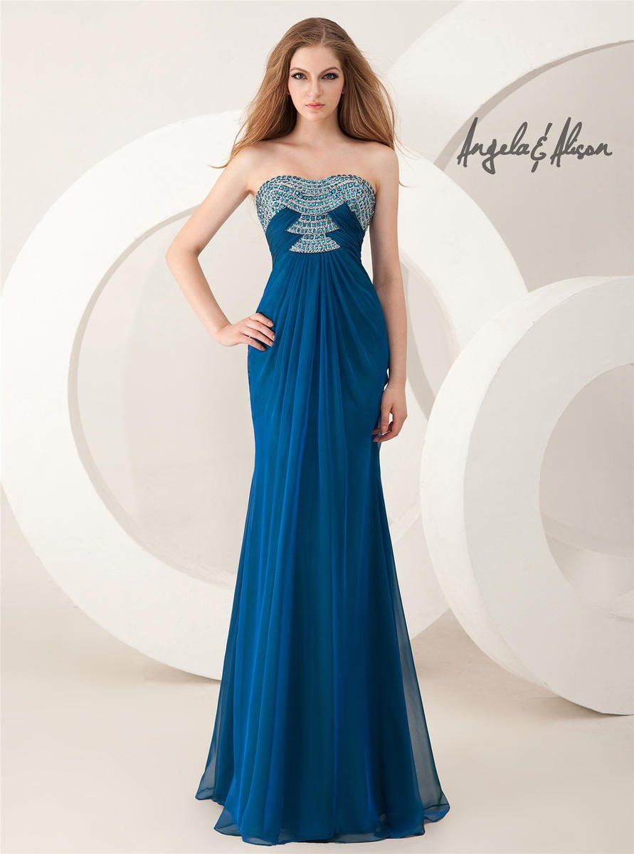 Style 41026 Angela and Alison Size 12 Prom Strapless Sequined Blue Floor Length Maxi on Queenly