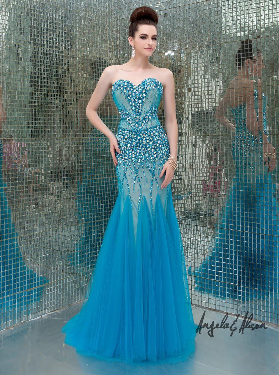 Style 41077 Angela and Alison Size 14 Prom Strapless Lace Light Blue Mermaid Dress on Queenly