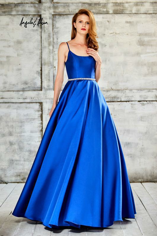 Style 71063 Angela and Alison Size 6 Prom Plunge Satin Royal Blue A-line Dress on Queenly