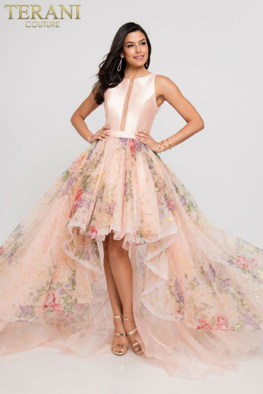 Style 1811P5809 Terani Size 6 Prom Plunge Floral Light Pink A-line Dress on Queenly