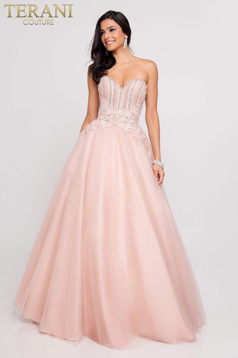 Style 1811P5785 Terani Size 10 Prom Strapless Lace Light Pink A-line Dress on Queenly