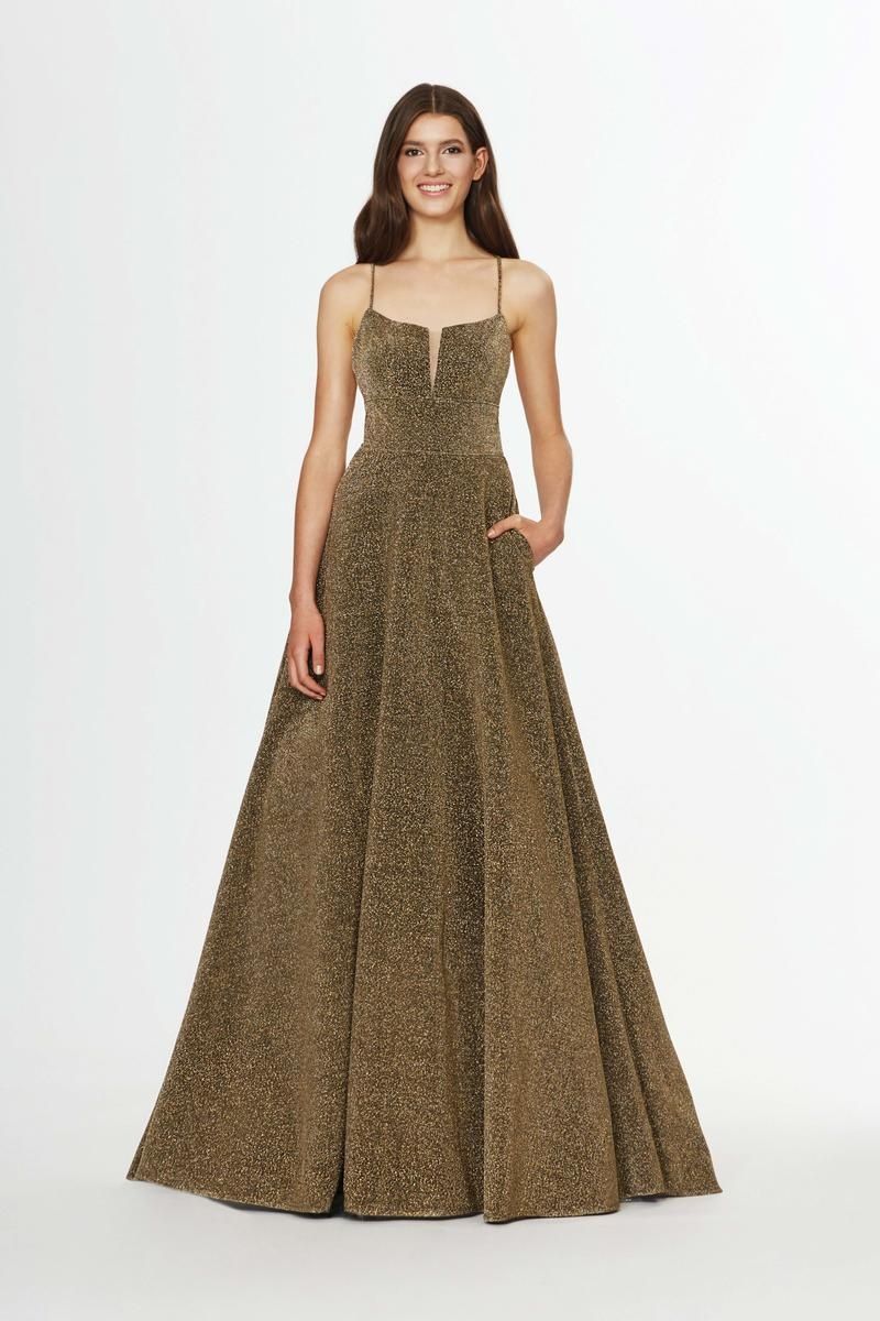 Style 91078 Angela and Alison Size 6 Prom Gold A-line Dress on Queenly