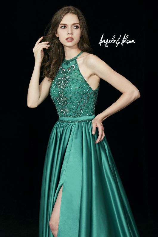 Style 81015 Angela and Alison Size 12 Prom Satin Green Floor Length Maxi on Queenly
