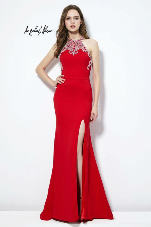 Style ANG52118 Angela and Alison Size 14 Prom High Neck Sequined Red Side Slit Dress on Queenly