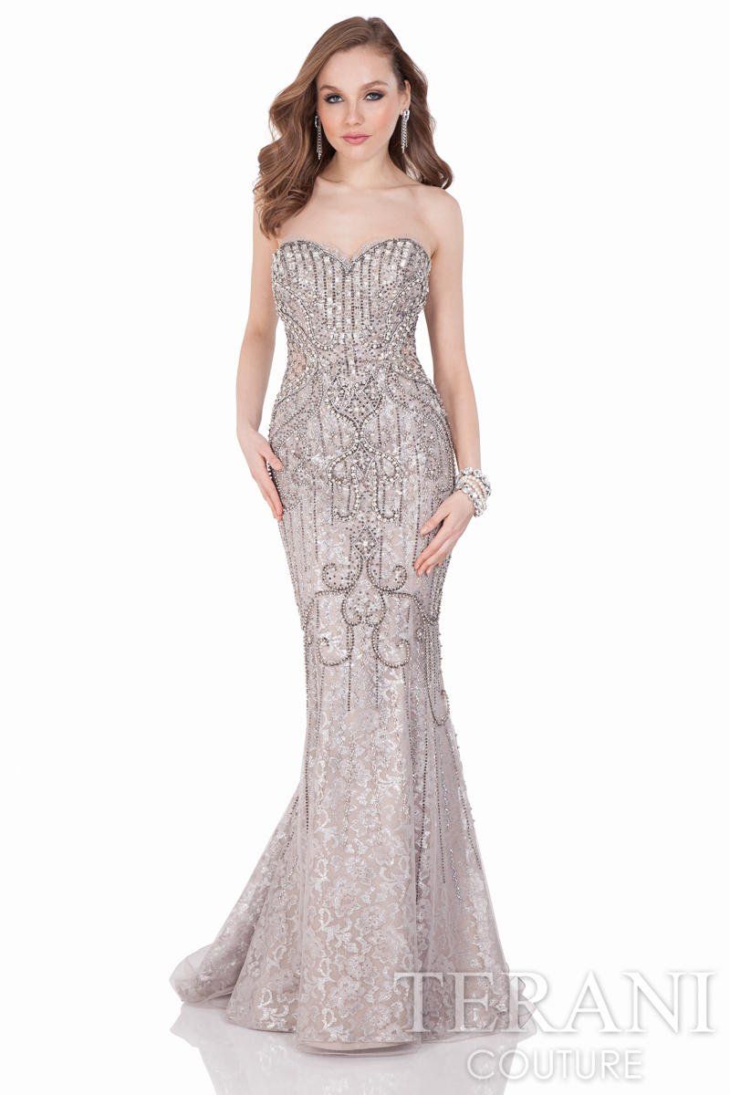 Style 1623GL2031 Terani Size 12 Pageant Lace Silver Mermaid Dress on Queenly