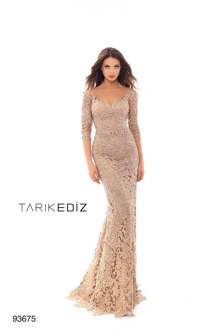 Style 93675 Tarik Ediz Size 10 Pageant Lace Gold Mermaid Dress on Queenly