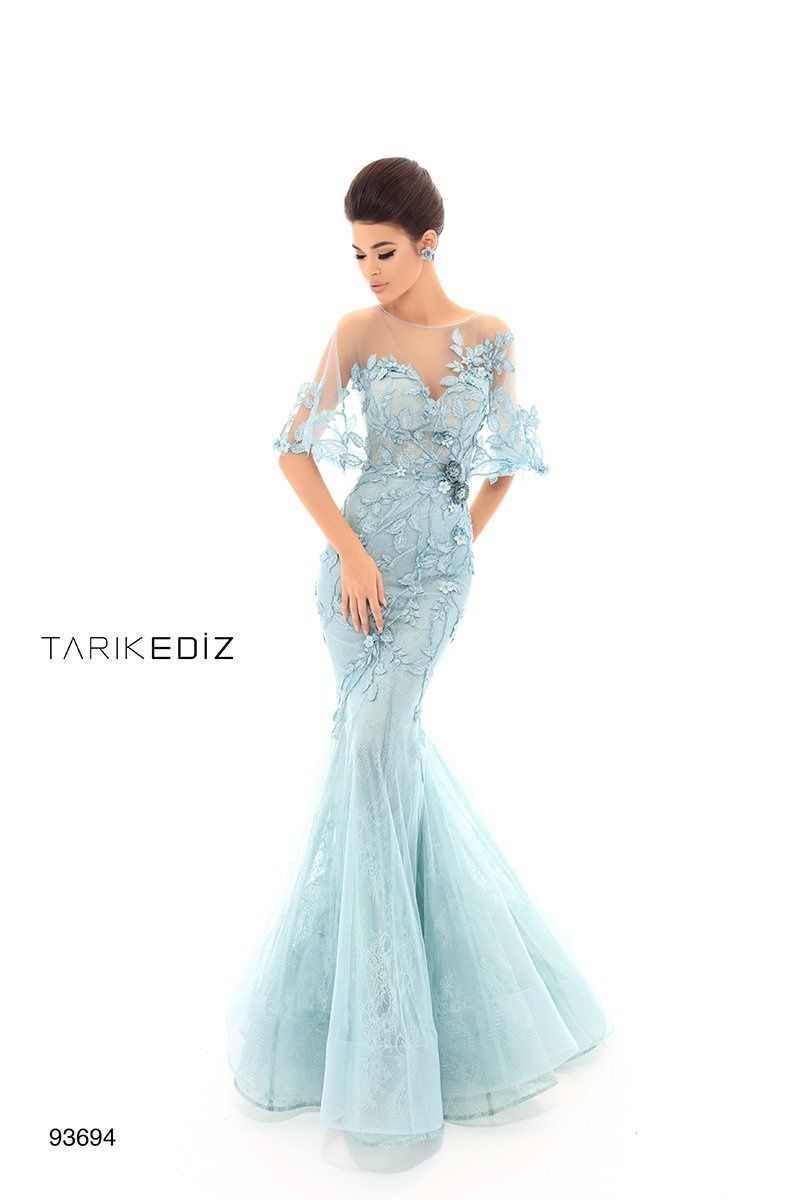 Style 93694 Tarik Ediz Size 8 Pageant Lace Blue  Mermaid Dress on Queenly