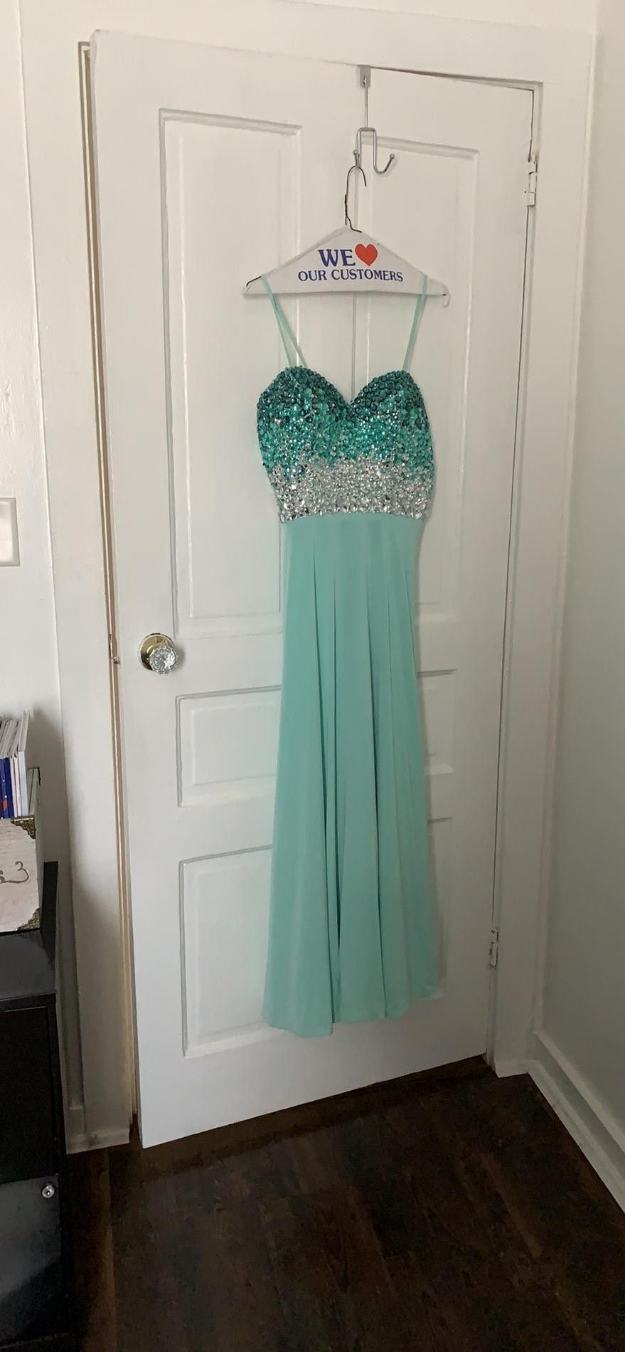 Size 8 Prom Strapless Sequined Light Blue Floor Length Maxi on Queenly