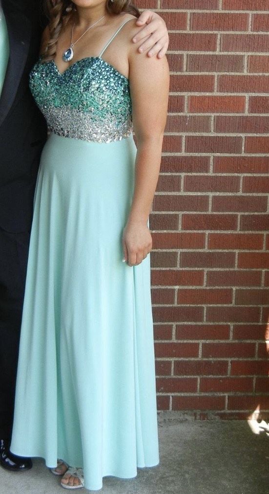 Size 8 Prom Strapless Sequined Light Blue Floor Length Maxi on Queenly