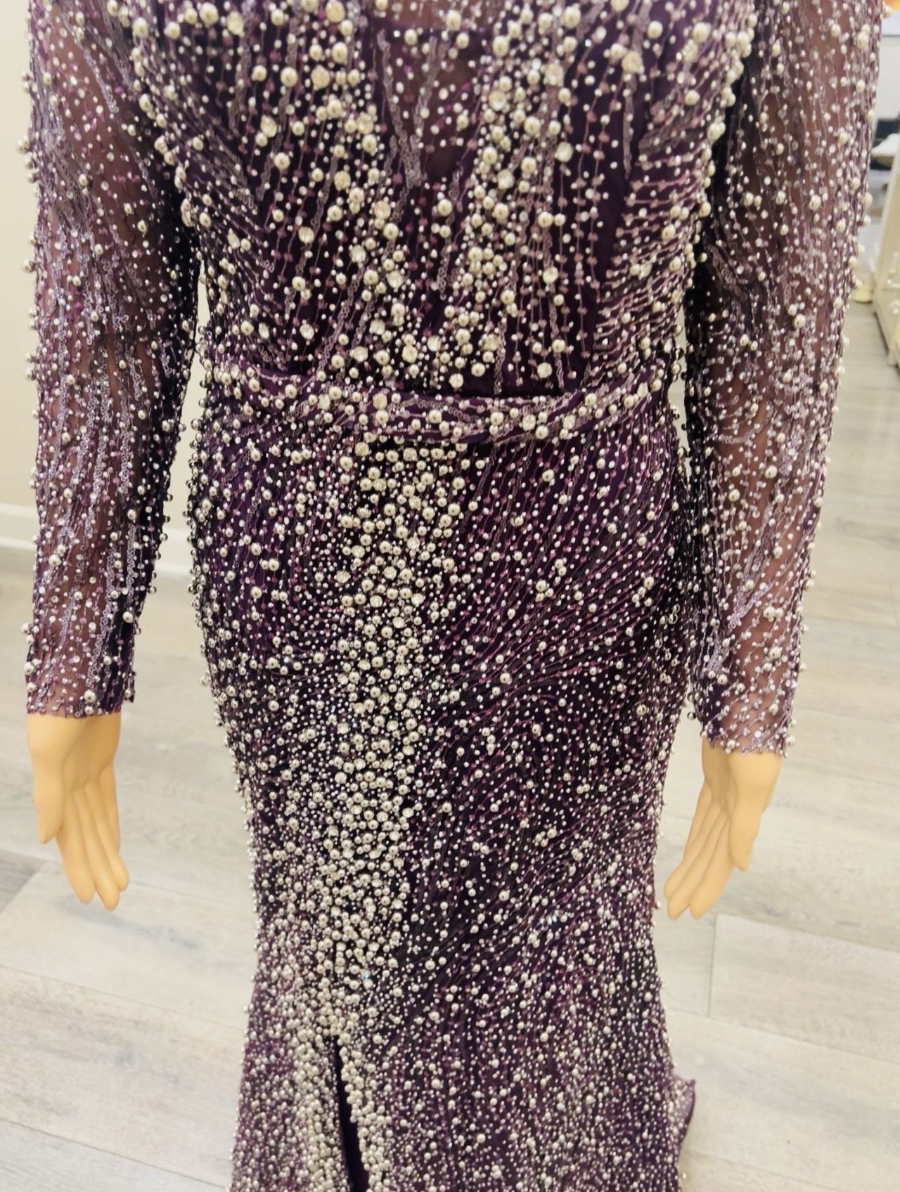 Couture Size 8 Long Sleeve Sequined Purple Floor Length Maxi on Queenly