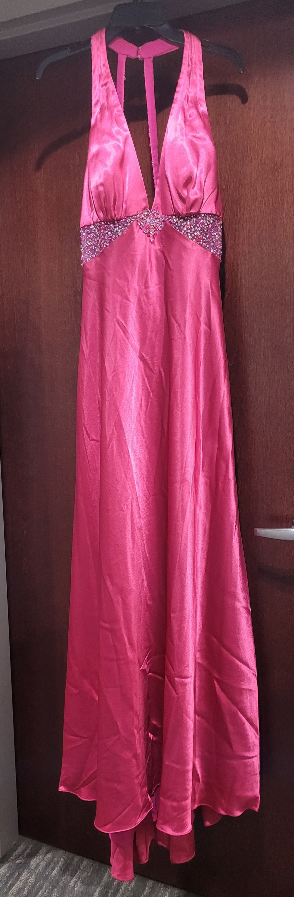 Style 8239 Mori Lee Paparrazi Plus Size 18 Bridesmaid Halter Satin Hot Pink Floor Length Maxi on Queenly