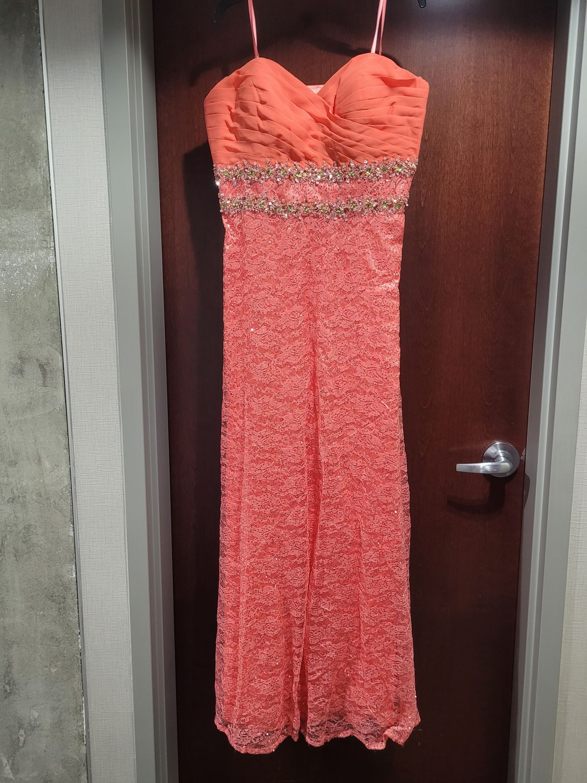 Style 41096W Angela and Alison Plus Size 18 Bridesmaid Strapless Lace Coral A-line Dress on Queenly