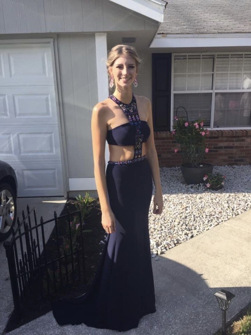 Sherri Hill Size 00 Prom High Neck Sequined Navy Blue Floor Length Maxi on Queenly