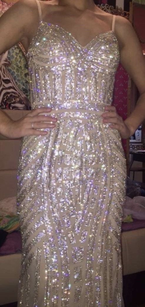 Size 8 Prom Sequined Silver Floor Length Maxi on Queenly