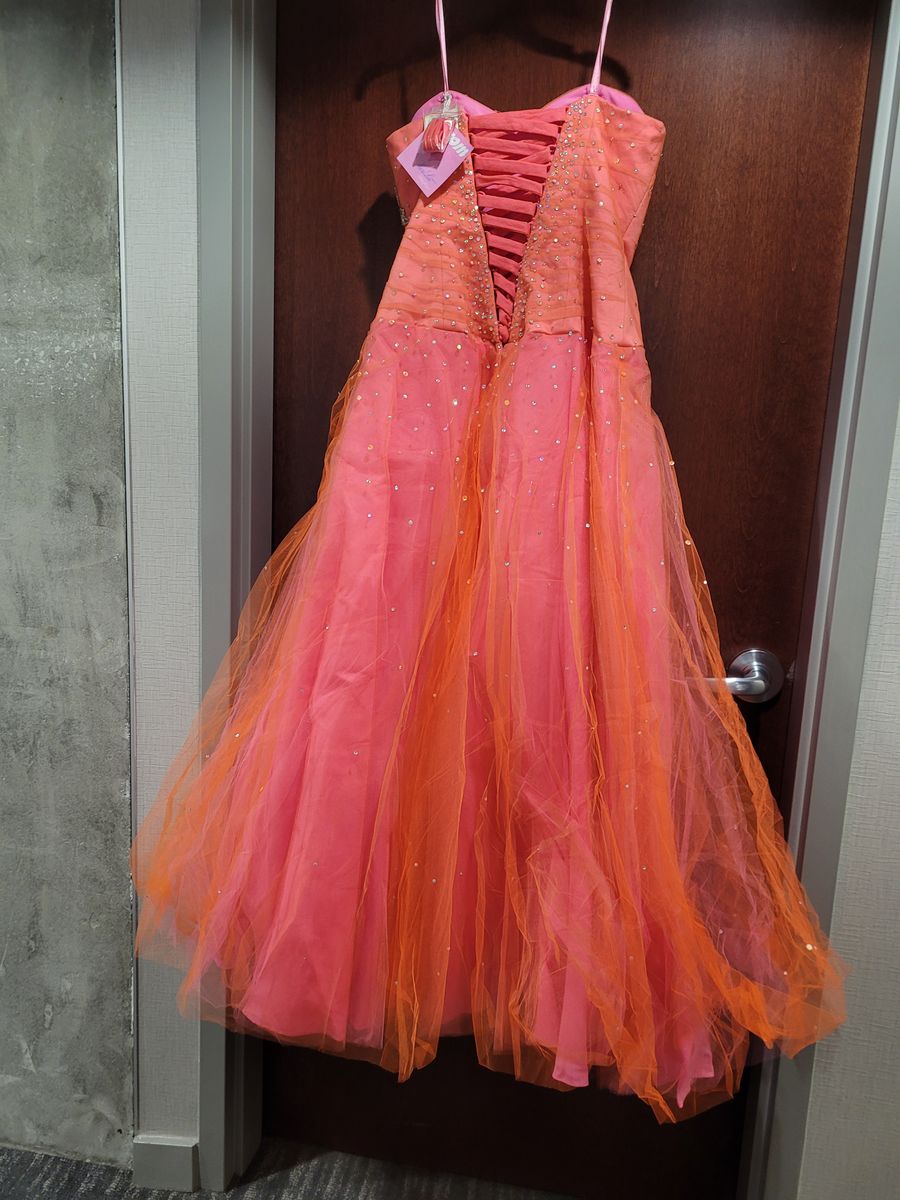 Style 8277 MoriLee Size 14 Prom Strapless Coral A-line Dress on Queenly