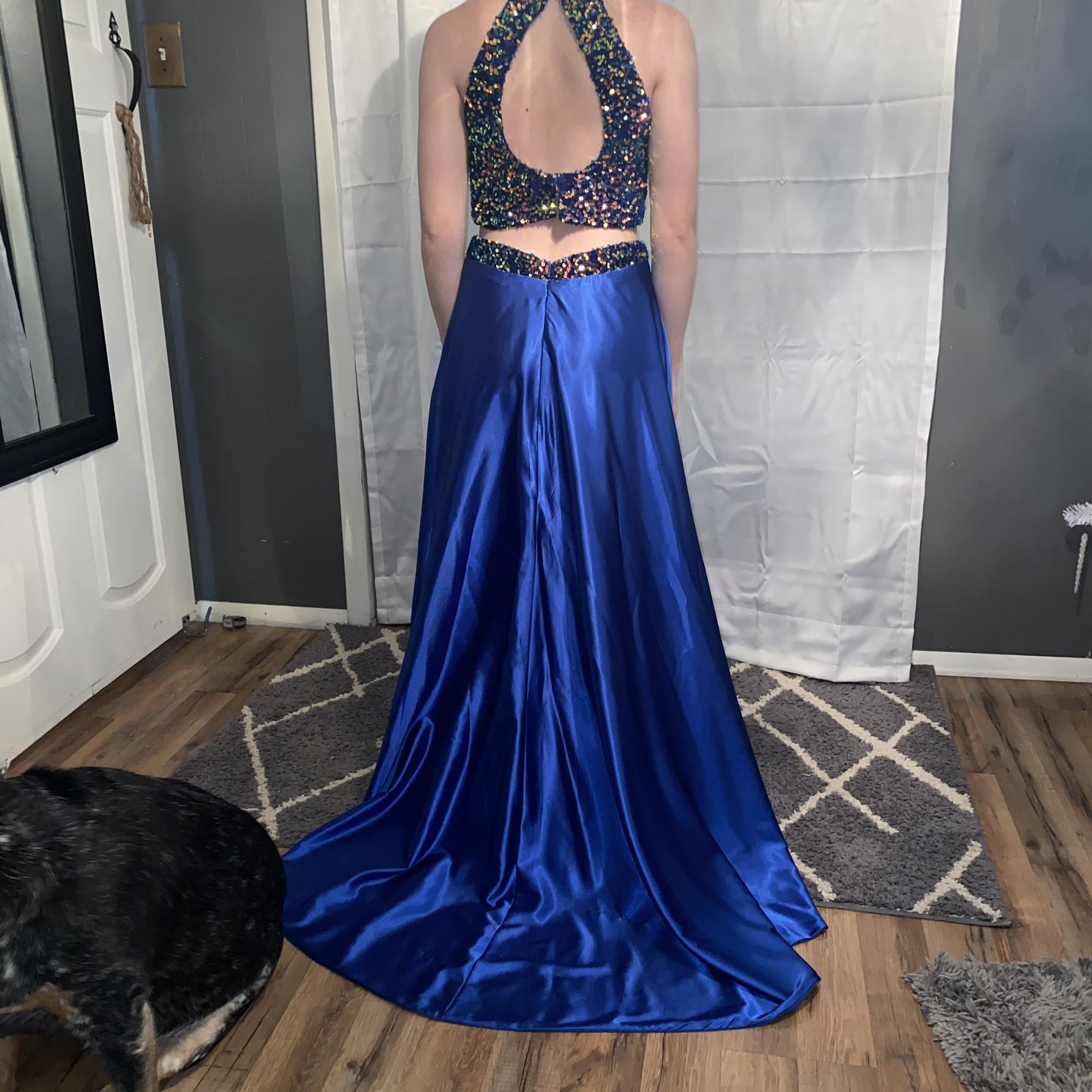 Size 6 Prom High Neck Sequined Royal Blue Dress With Train on Queenly