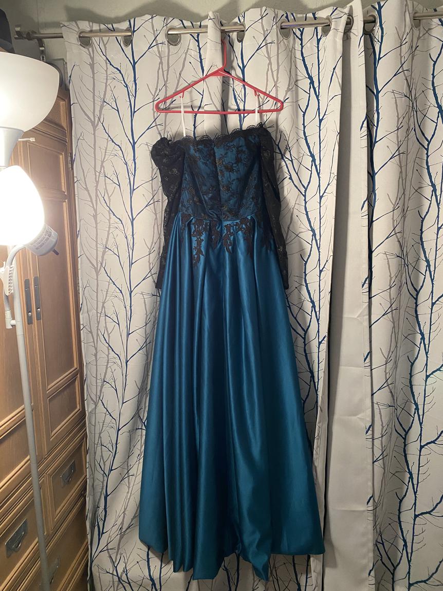 Size 6 Prom Long Sleeve Lace Blue Ball Gown on Queenly