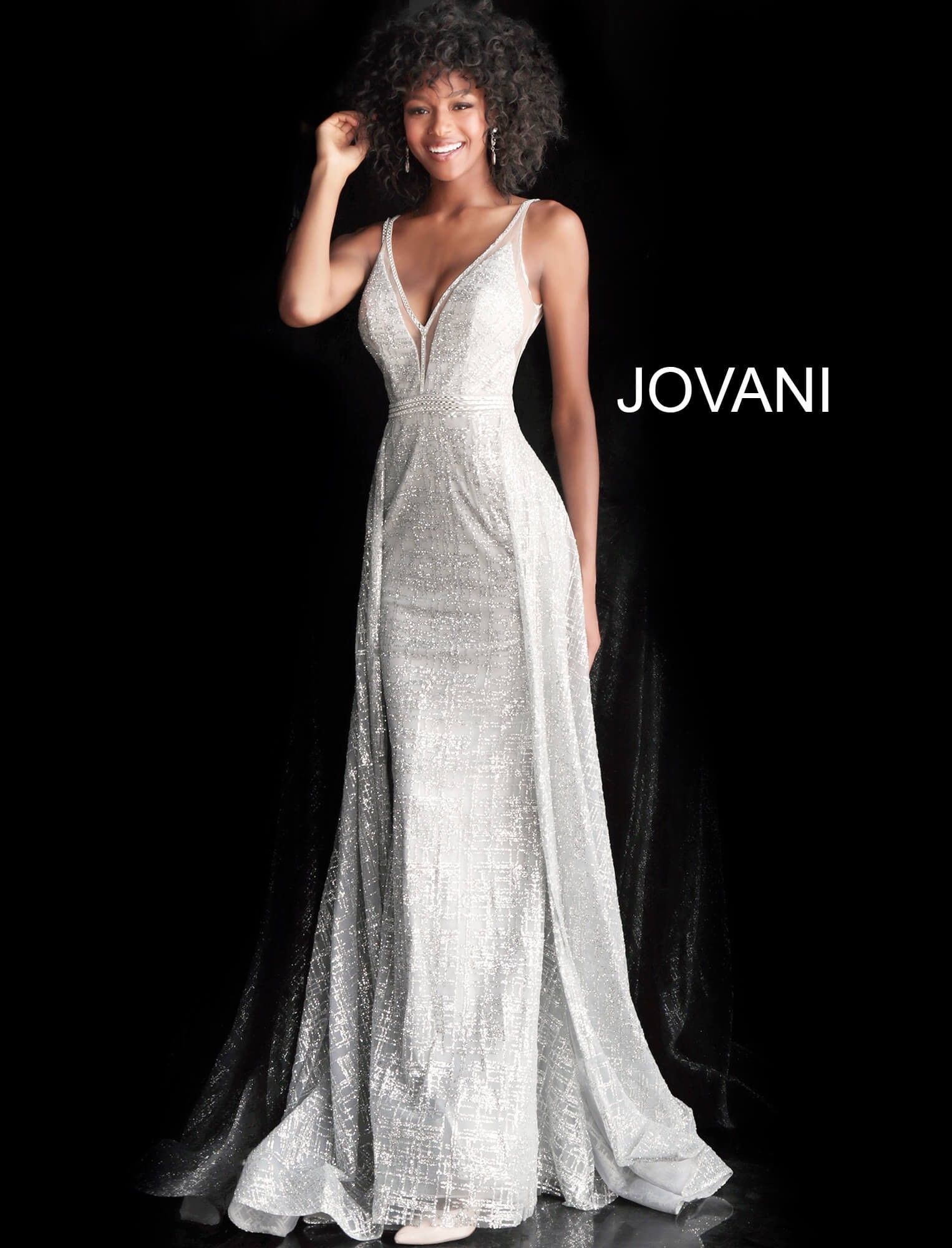 Style 62515 Jovani Size 4 Prom Sheer Silver Dress With Train on Queenly