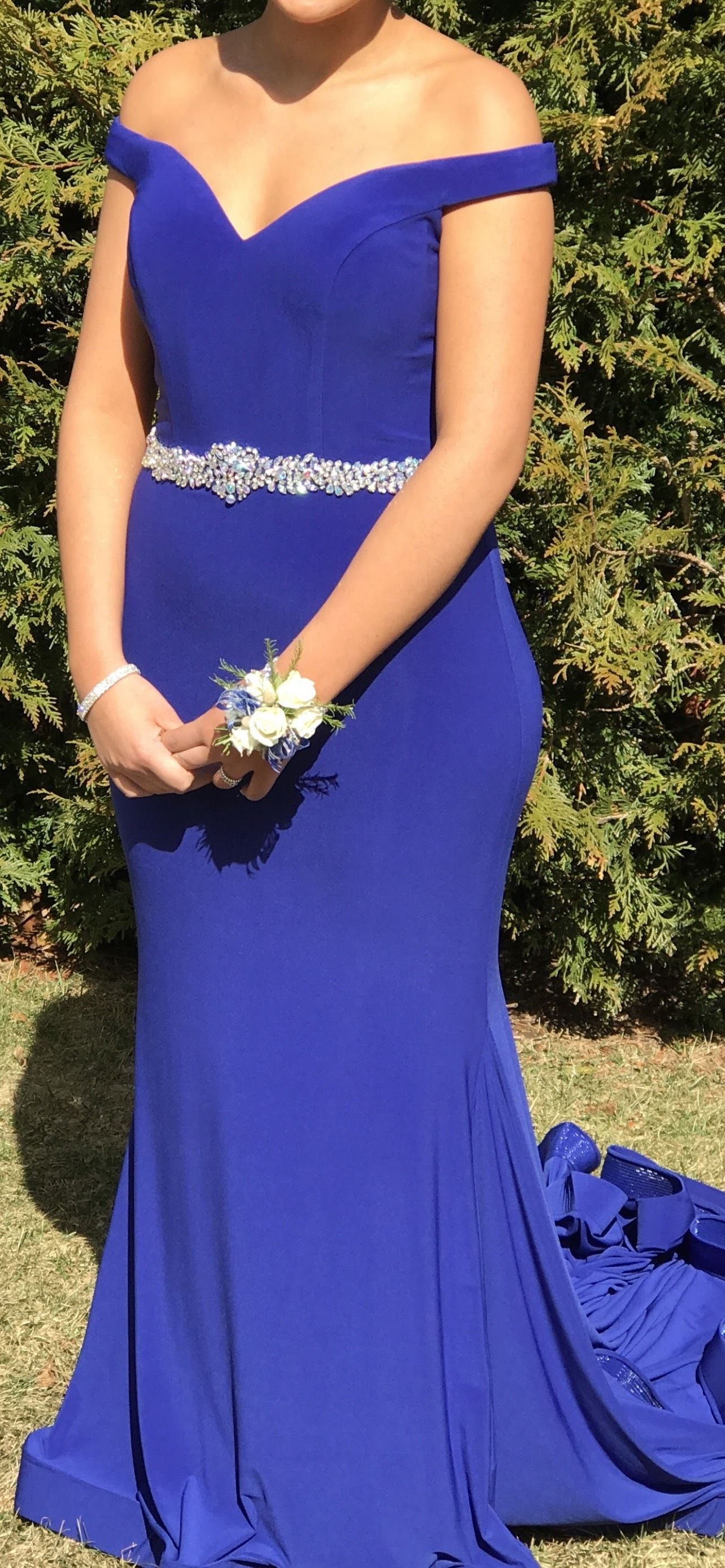 Jovani Size 8 Prom Off The Shoulder Sequined Royal Blue Mermaid Dress on Queenly
