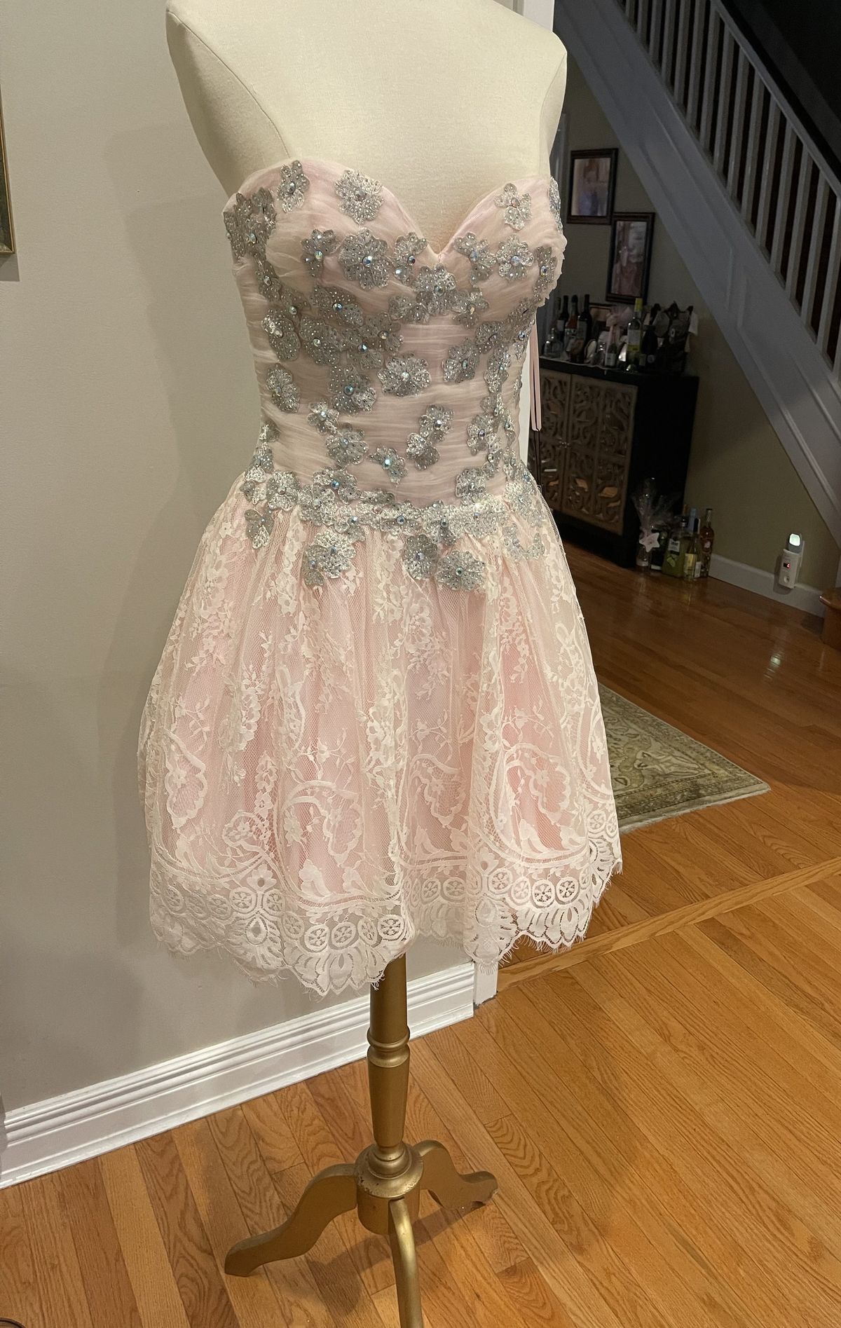 La Femme Size 6 Prom Strapless Lace Light Pink Cocktail Dress on Queenly