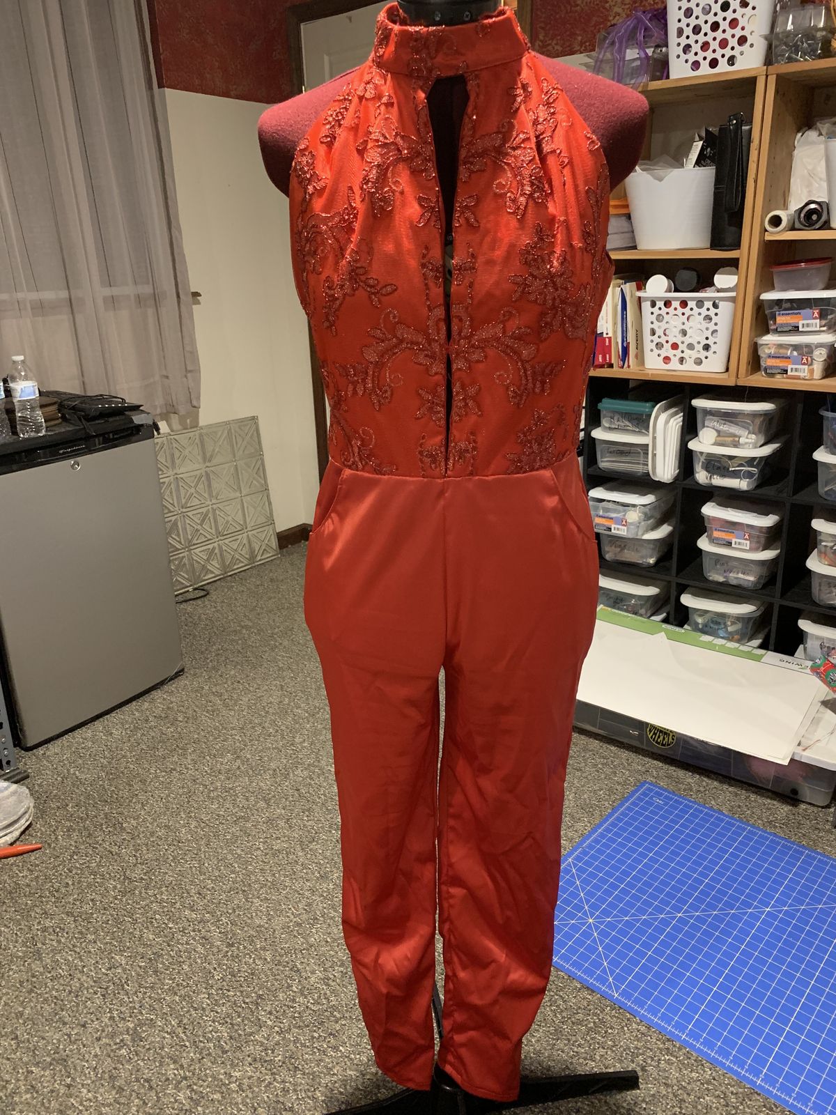 Custom made Size 6 Lace Red Formal Jumpsuit on Queenly