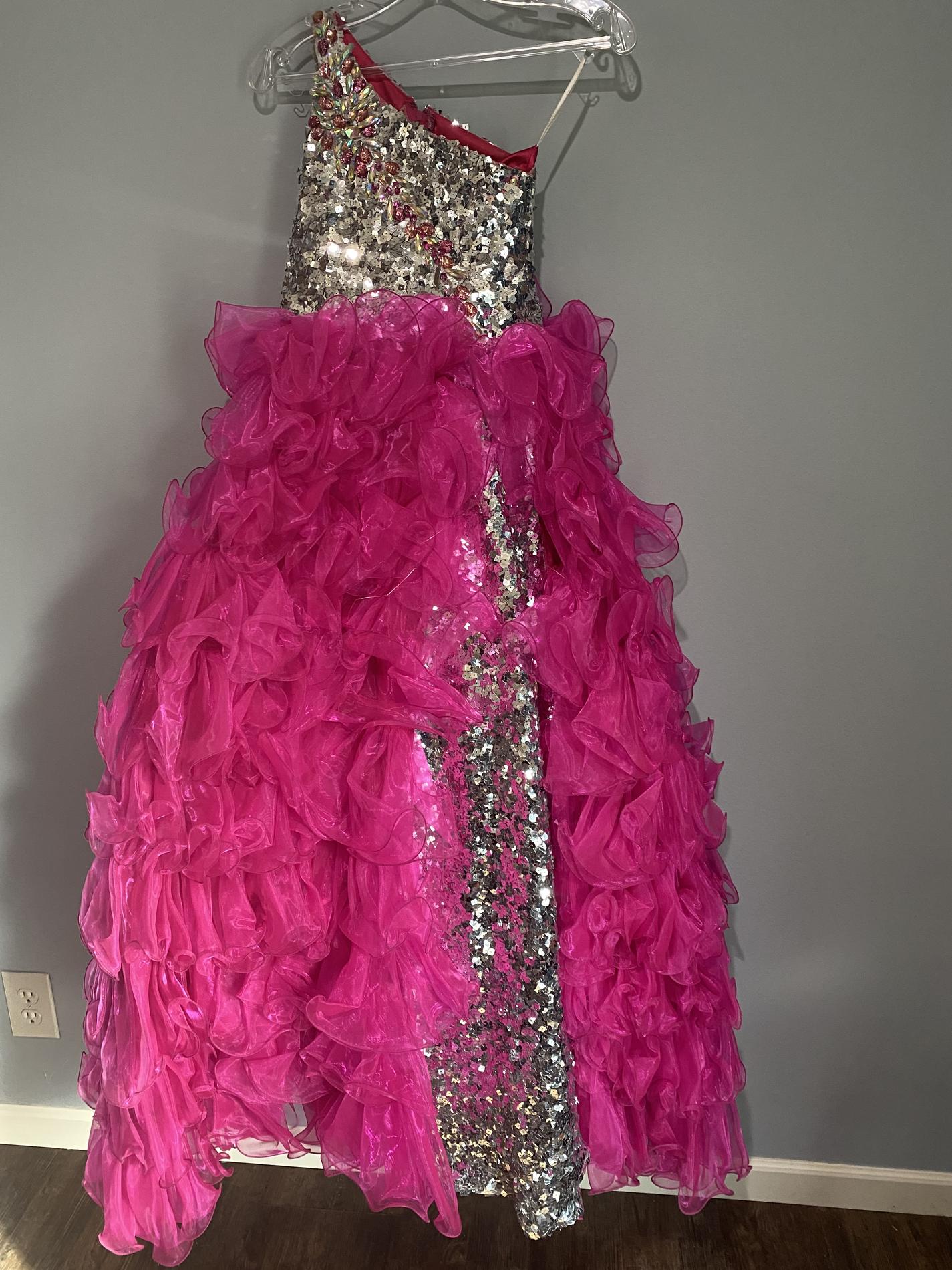 Mac Duggal Girls Size 10 Pageant One Shoulder Sequined Pink Ball Gown on Queenly