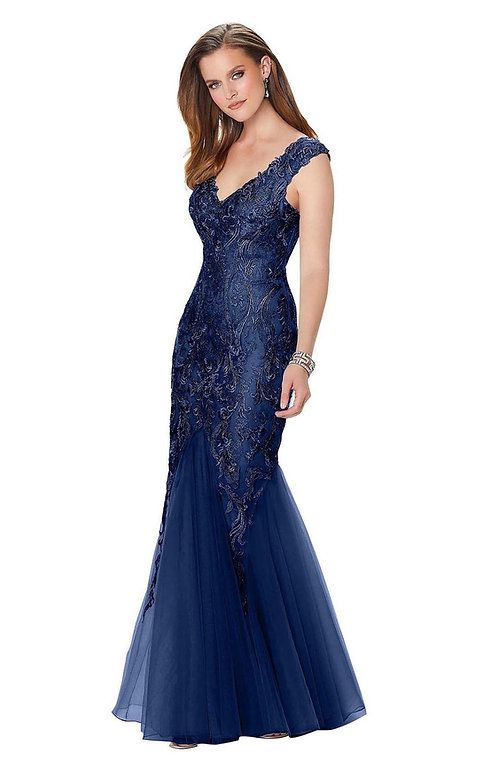 Style 119942 Montage Plus Size 16 Cap Sleeve Lace Navy Blue Mermaid Dress on Queenly