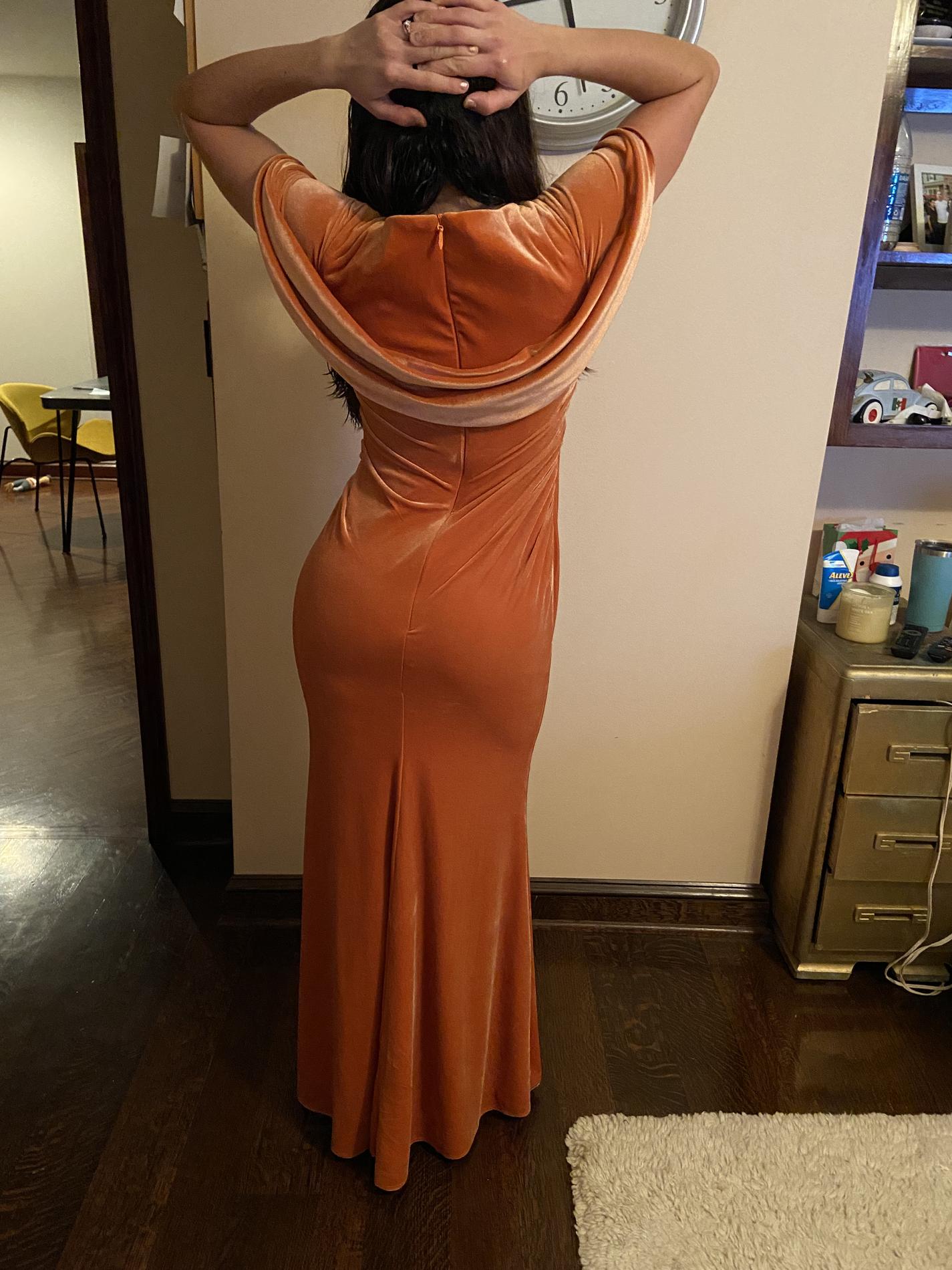 JJs house Size 2 Velvet Orange Mermaid Dress on Queenly