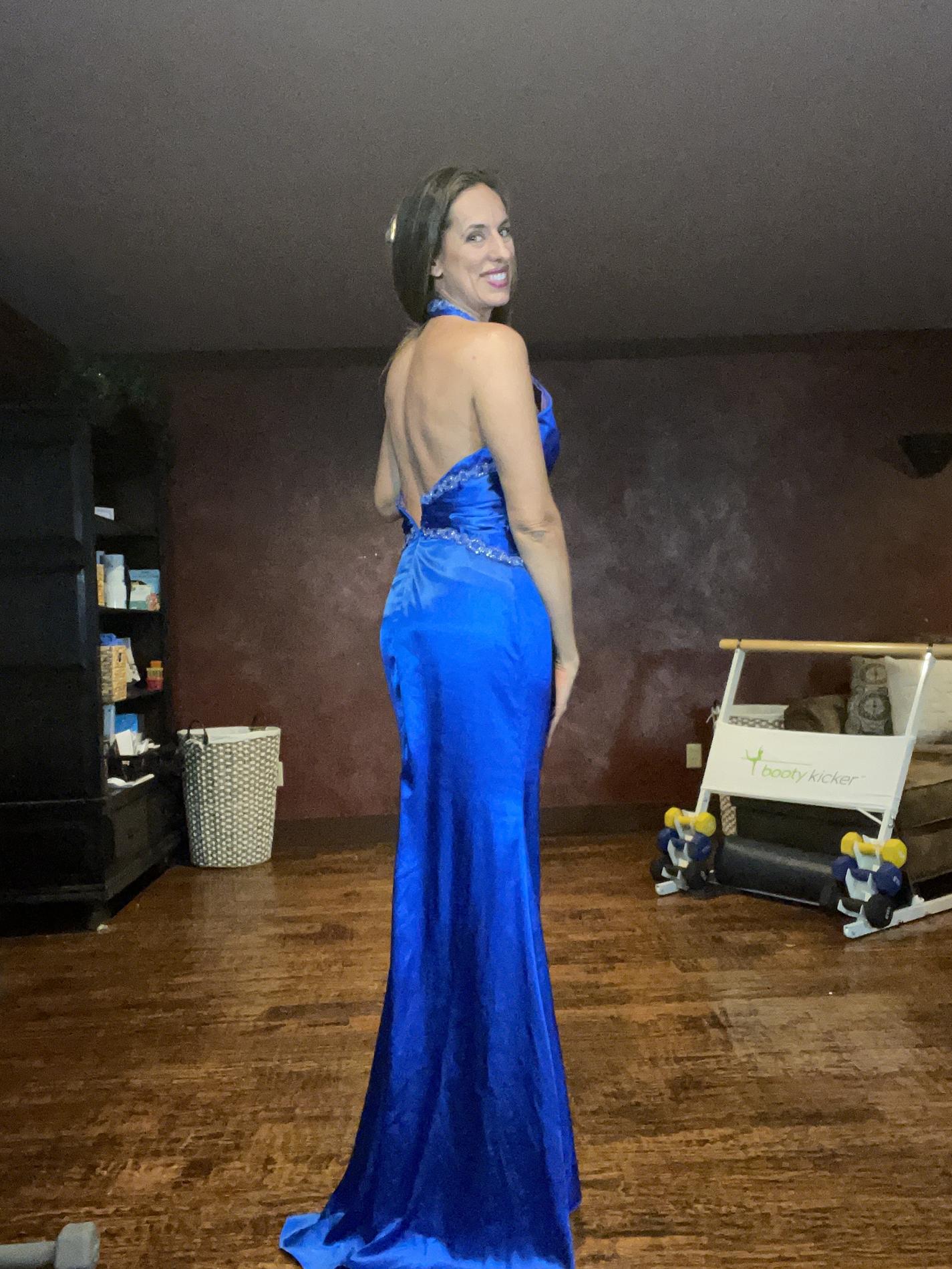 Tony Bowls Size 8 Plunge Satin Blue Dress With Train on Queenly