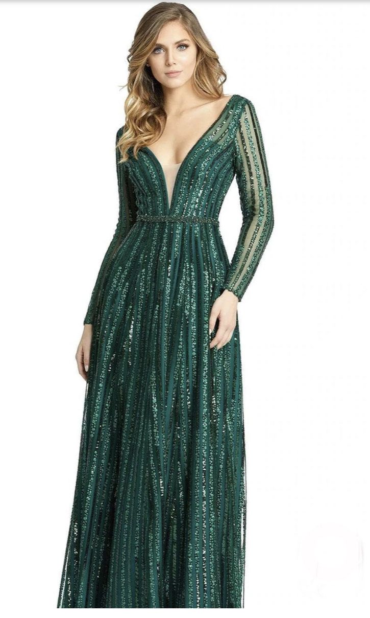 Mac Duggal Plus Size 20 Prom Long Sleeve Sheer Green A-line Dress on Queenly