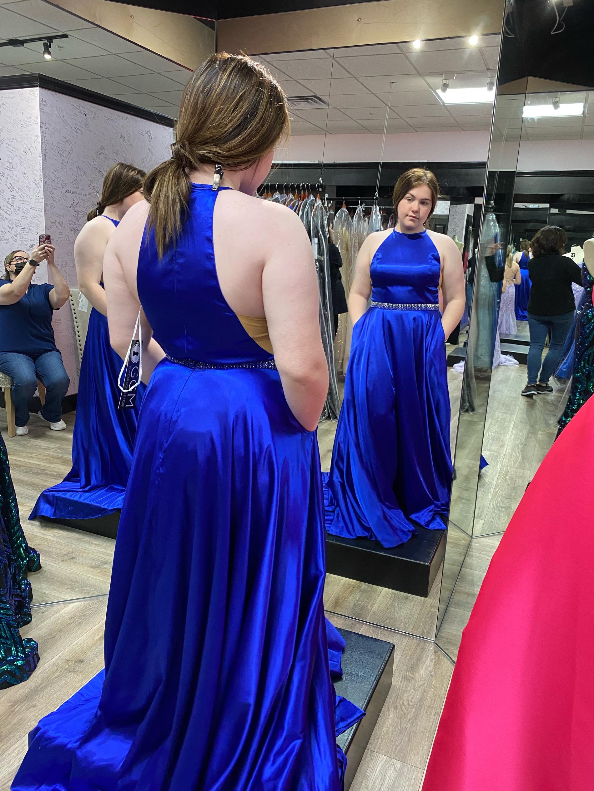 Sherri Hill Size 14 Prom High Neck Sequined Royal Blue Side Slit Dress on Queenly