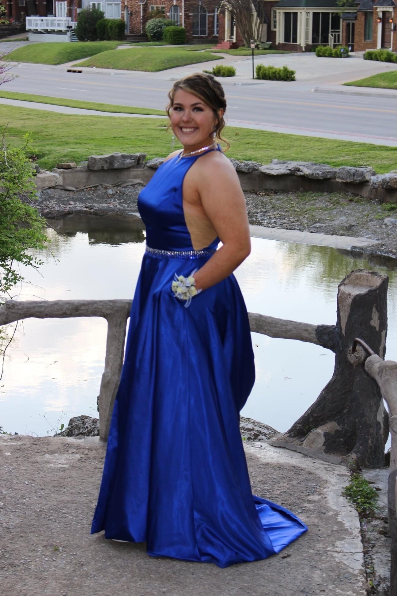 Sherri Hill Size 14 Prom High Neck Sequined Royal Blue Side Slit Dress on Queenly