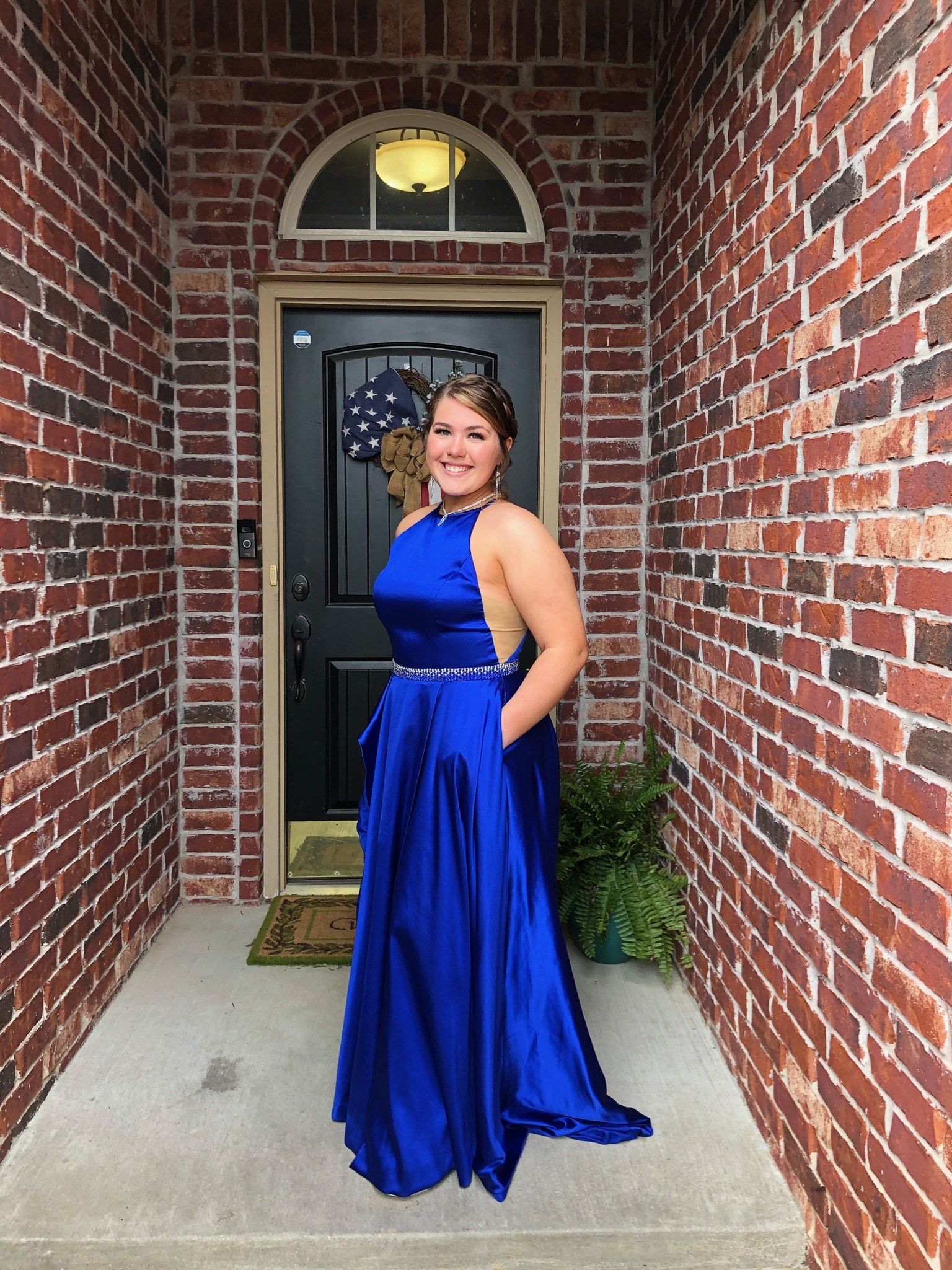 sherri hill size 14 prom high neck sequined royal blue side slit dress on  queenly
